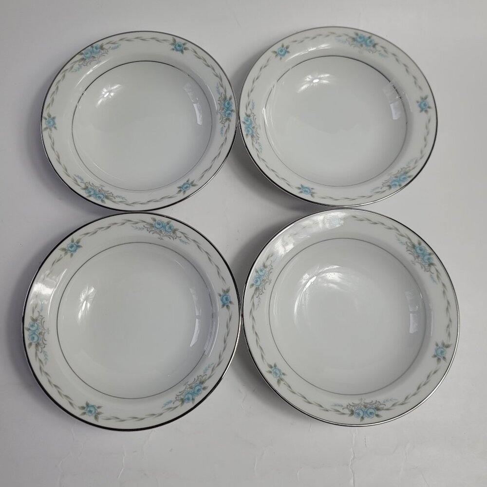 FOUR Style House Corsage Fruit Bowls Blue Roses with Gray Vines 5 1/2 Inch